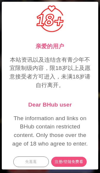 B次元官网首次访问时的年龄确认弹层实拍：18+提示与两个入口按钮